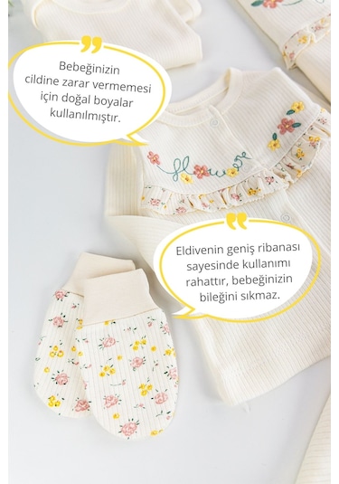 Çiçek Nakışlı Fırfırlı Pamuklu 10 Parça Kız Bebek Hastane Çıkışı Bebek Takımı