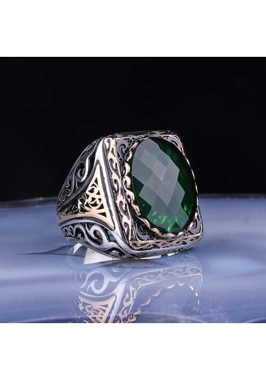 Gümüş Fasetli Yeşil Taşlı Kare Erkek Yüzük (551173315)