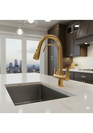 0650 Arıtmalı Spiralli Mutfak Bataryası Siyah Beyaz Krom Gold Renk Gold