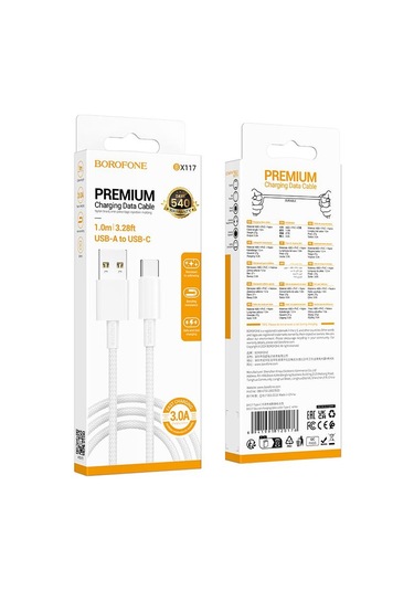 Borofone Bx117 1m 3a Usb Tip-c Kaynağı Şarj Veri Kablosu Beyaz