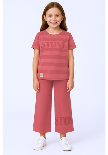 Kız Çocuk Eşofman Takımı Çizgili İspanyol Paça B17 Gülkurusu