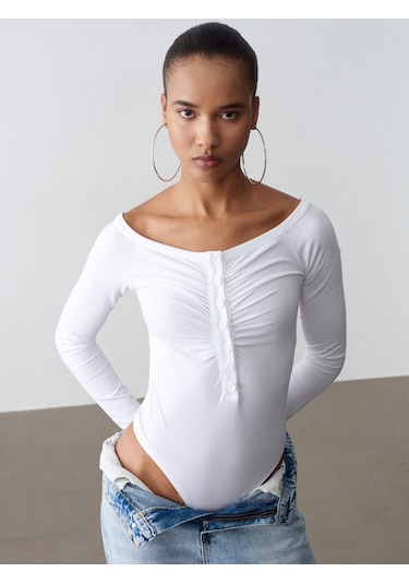 Dilvin 32661 Düğme Detaylı Bodysuit-beyaz Beyaz