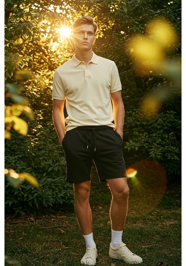 Erkek Yüksek Kalite Relax-fit Rahat Kesim %100 Pamuk Bağcıklı Siyah Düz Basic Şort Siyah