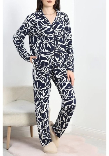 Seka Viskon Düğmeli Pijama Takımı Lacivert - 50689.1902. Çok Renkli