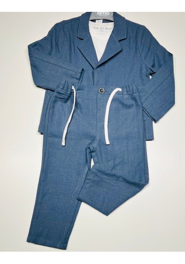 Ceketli 3 Lü Erkek Çocuk Lacivert Takım Elbise Keten Pamuk Karışımlı Ceket Pantalon Tişört Lacivert