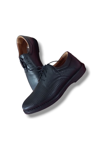 Growish Gr0203 Hakiki Deri Delikli Bağcıklı Poli Taban Comfort Erkek Ayakkabı Siyah