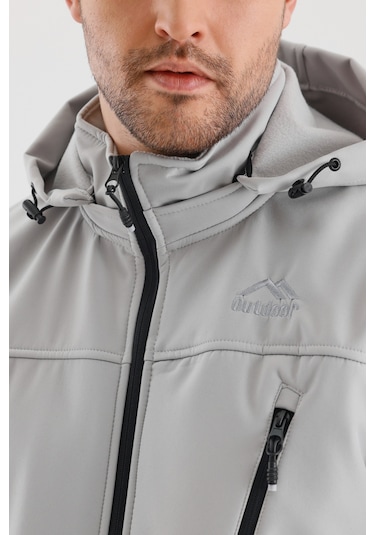 Çıkartılabilen Fermuarlı Kapüşon Cepli İçi Polarlı Su Geçirmez Softshell Erkek Mont Taş Taş