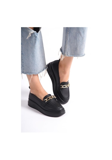 Siyah Cilt Kalın Tabanlı Tokalı Loafer Makosen Ayakkabı Armytopuk Siyah
