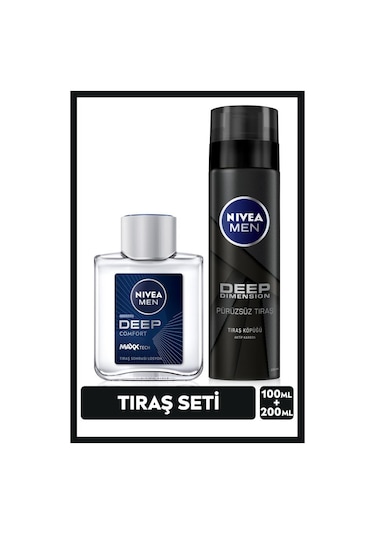 NIVEA MEN Erkek Deep Dimension Tıraş Seti, Tıraş Köpüğü 200 ML ve Tıraş Sonrası Losyon 100 ML Kaygan Tıraş