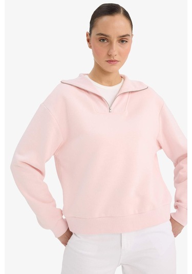 Defacto Regular Fit Yarım Fermuarlı Balıkçı Yaka Basic Düz Sweatshirt G4761ax25wnpn648 Pembe-pn648