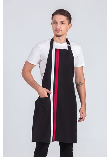 Erkek Boyundan Asmalı Çizgili Barista Şef Mutfak Önlüğü Siyah