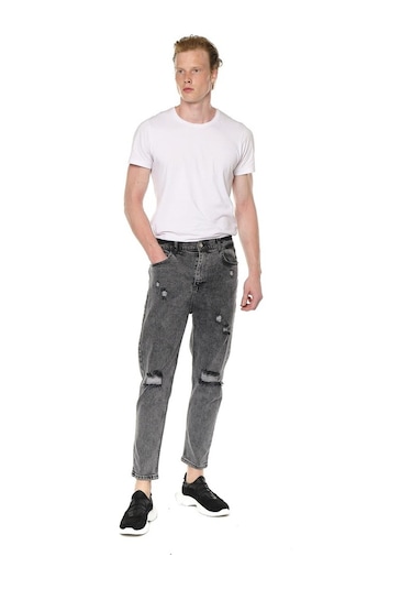 Bol Kesim Yırtıklı Erkek Kot Pantolon Siyah