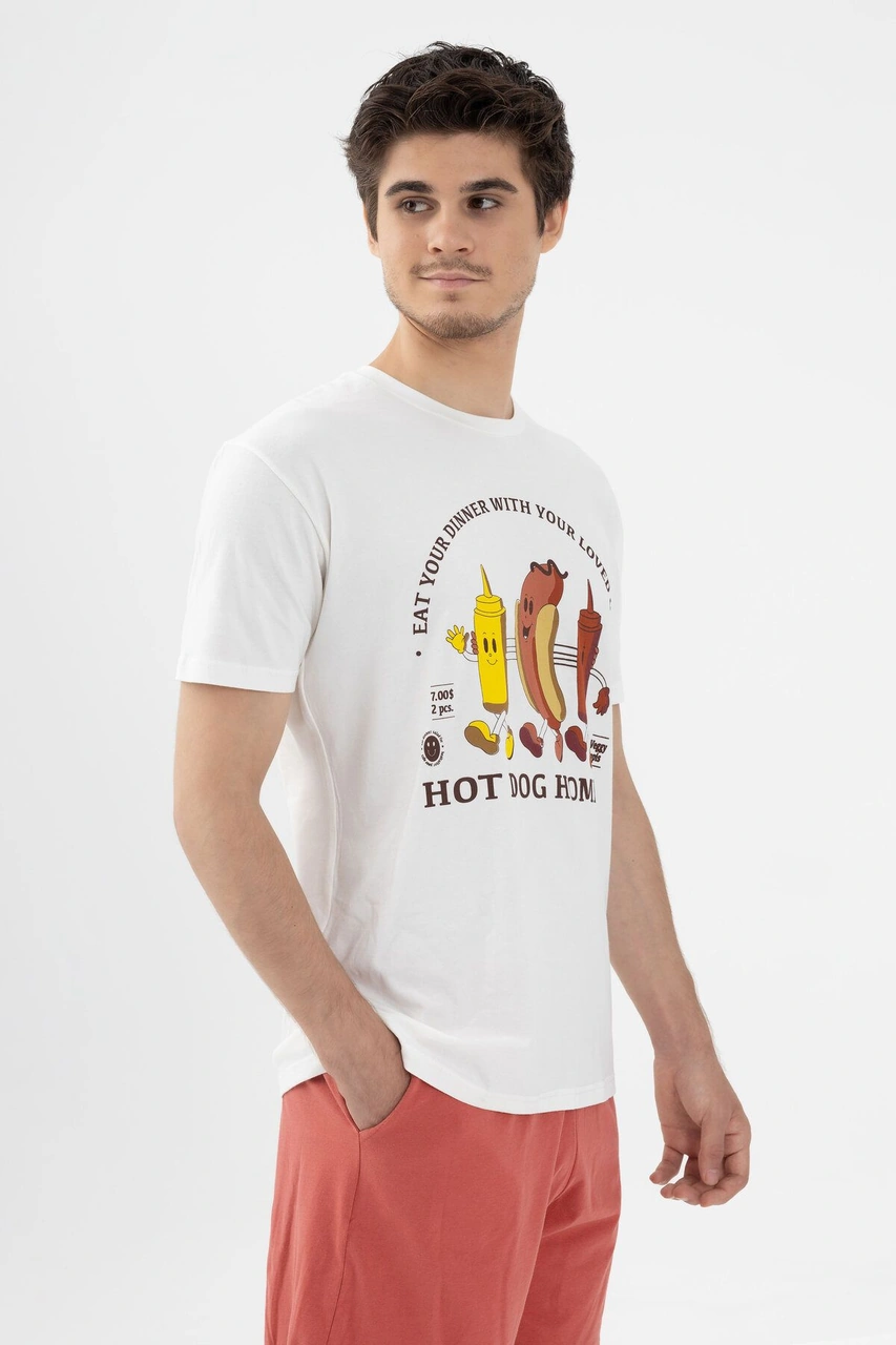 Erkek Kısa Kollu Pamuklu Sosis Baskılı Şortlu Takım Ko60102 Kiremit