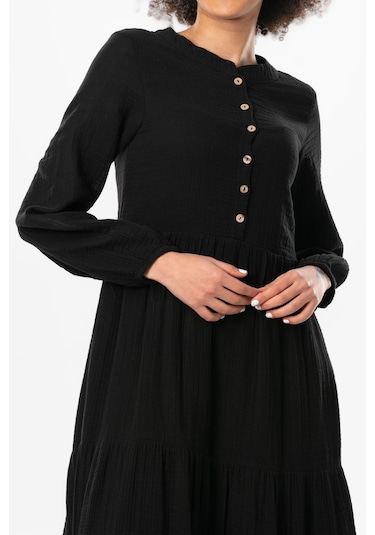 Uzun Kol Akay Uzun Düğme Detay Yazlık Müslin Elbise Siyah Syh-siyah Siyah