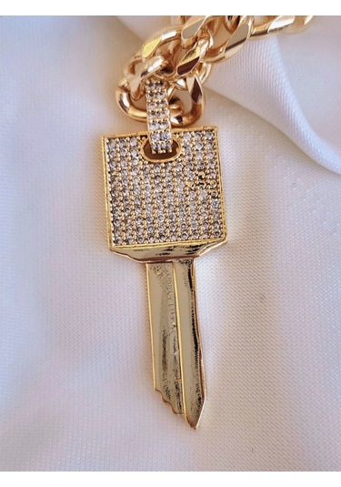 Anahtar Kilit Model Altın Kaplama Gold Renk Çelik Kolye