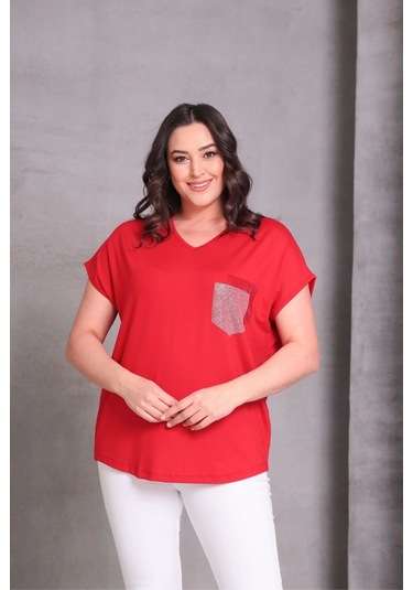 Cep Taş Baskılı Bluz Kırmızı