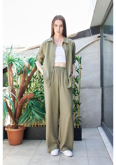 Kadın Keten Düşük Omuzlu Yakalı Kapri Kol Apoletli Gömlek -haki Haki