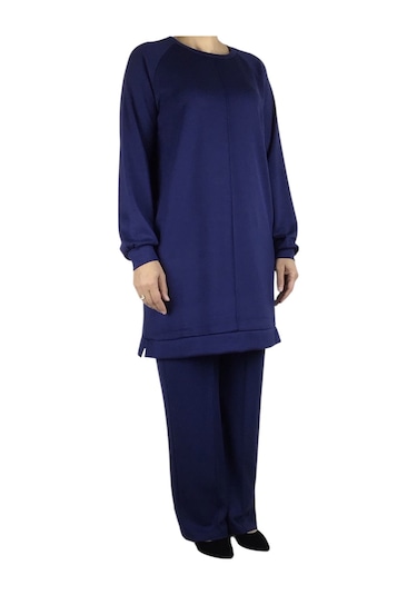 Kadın Tunik Önü Dikişli Altı Bantlı Pantolon Beli Lastikli Önü Dikişli İkili Takım Lacivert