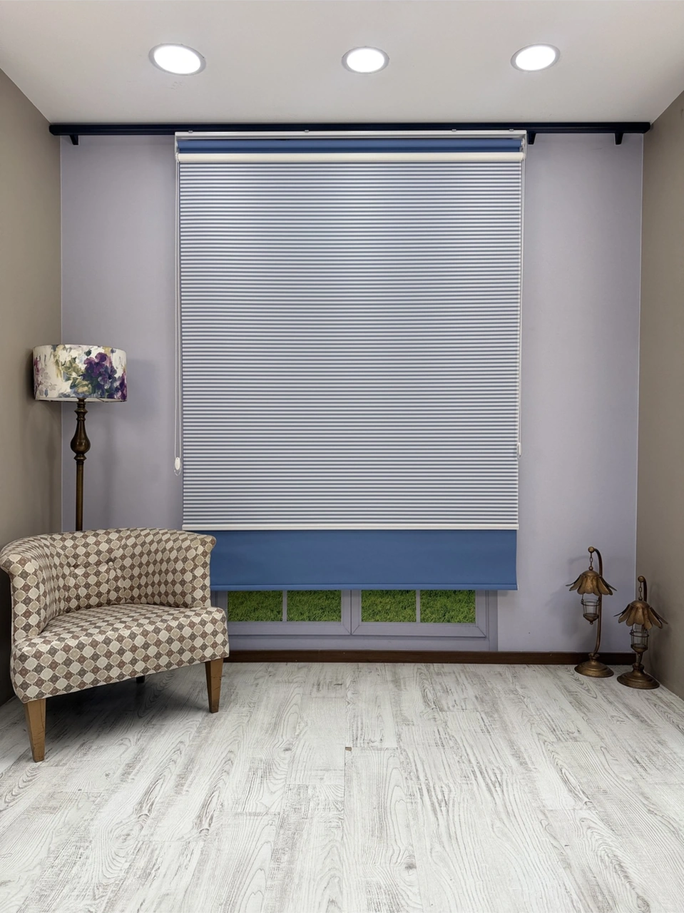 Luna Serisi Beyaz Tül Mavi Stor Perde Işık Kontrollü, Çift Mekanizmalı, Kolay Montaj Mavi