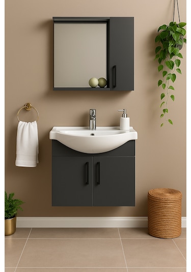 Lacrime 65 Cm Antrasit Renkli Mdf, Oval Seramik Lavabolu, Alt Ve Antrasit
