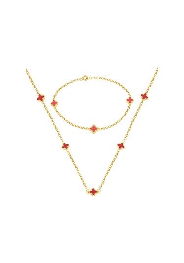 Bilezikci Kırmızı Yoncalı 14 Ayar Altın Kolye Bileklikli Set