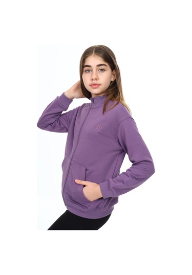 Toontoy Kız Çocuk Mavi Dik Yaka Fermuarlı Cepli Düşük Omuz Nakış Baskılı Örme Hırka - 2 İplik Şardonlu Mor