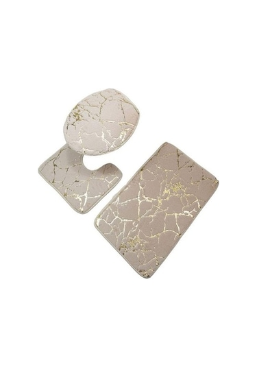 Novahub Bej 3 Adet/takım Aşınmaya Dayanıklı Duş Halısı Mermer Tuvalet Kapak Banyo Polyester İnce İşçilik Bej Bej