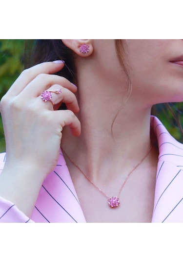 Pembe Kuvars Taşlı Lotus Çiçcekli Gümüş Set Gümüş