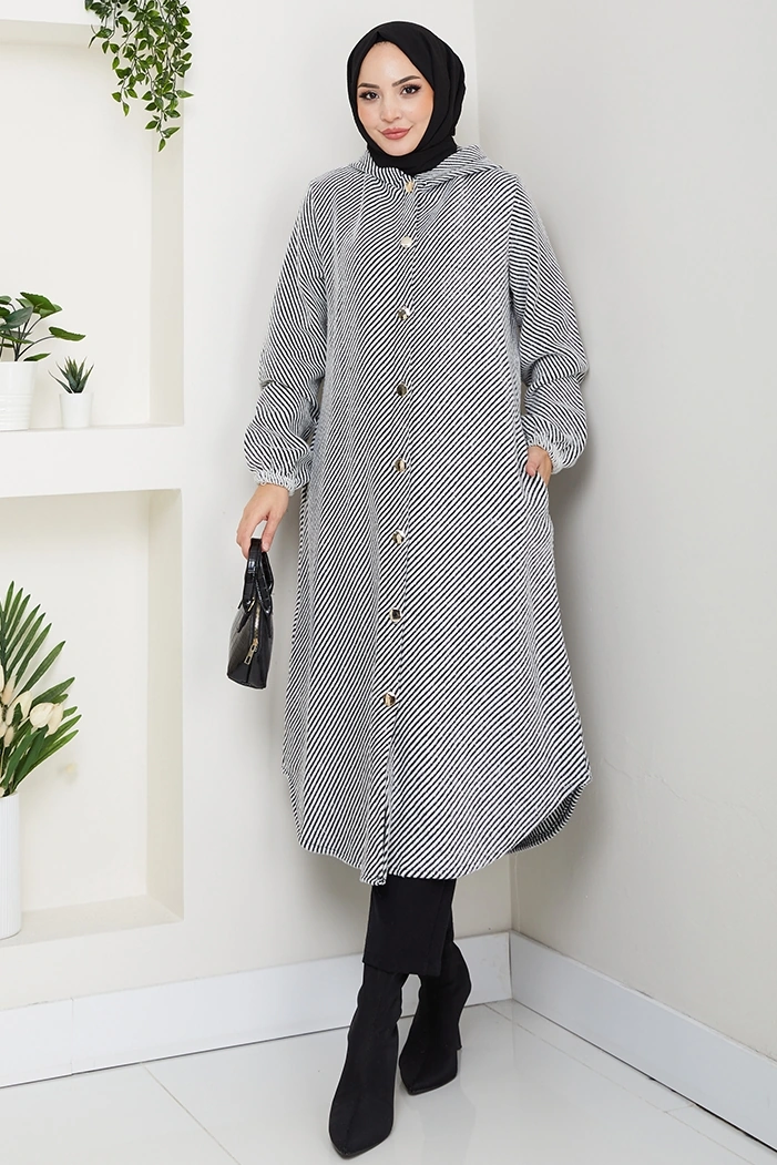 Çizgi Detay Kapüşonlu Kaşe Kap 1634 - Beyaz Beyaz