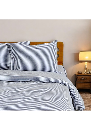 Çift Kişilik %100 Pamuk İnce Çizgili Nevresim Takımı | Lacivert & Beyaz | 4 Parça | Yumuşak Dokulu Lacivert - Beyaz