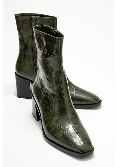 Chara Yeşil Baskı Kadın Kalın Topuklu Bot Yeşil