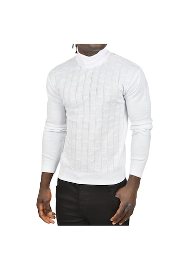 Deepsea Erkek Beyaz Çizgi Desenli Tüylenme Yapmayan Yarım Balıkçı Yaka Triko Kazak 2505501 Beyaz