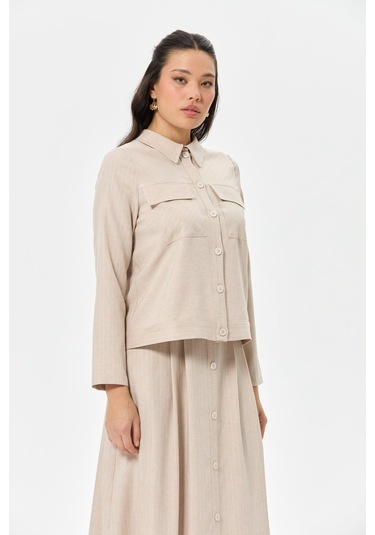 Çizgili Ve Düz Poliviskon Kumaş Etekli Takım Vizon Vizon