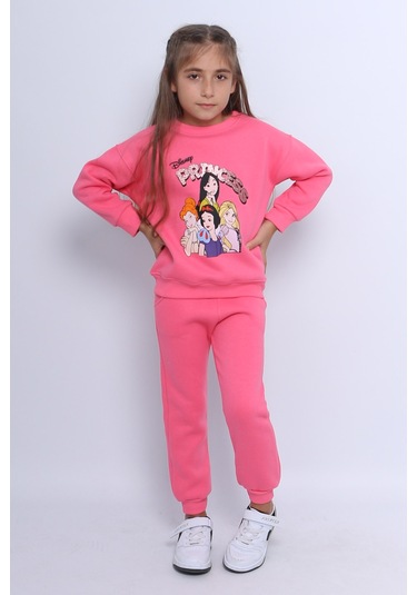 Kız Çocuk 3 İplik Eşofman Takımı Princess Baskılı E3 Fuşya