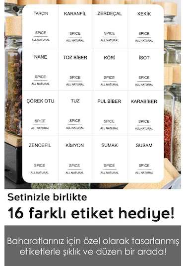 12 Li Bambu Kapaklı Kare Formlu Cam Baharatlık Seti 120ml 16 Adet Etiket Hediye Bambu
