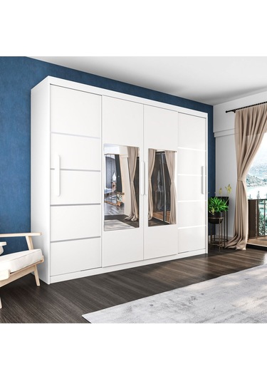 Sürgülü Gardırop Dört Kapaklı Aynalı Beyaz Dolap 280 230cm