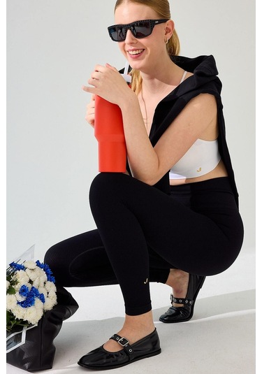 Jerf Holly Petek Desenli Yüksek Bel Tayt Siyah 001