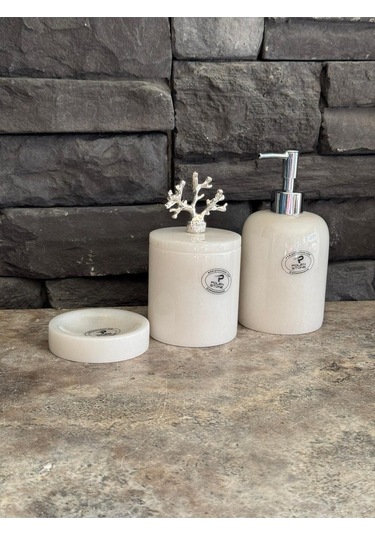 3'lü Set Beyaz Mermer Gümüş Aksesuarlı Sıvı Sabunluk, Makyaj Pamukluk, Katı Sabunluk Beyaz