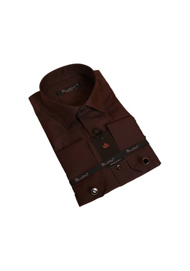 Kahverengi Dar Kesim Micro Kumaş Kol Düğmeli Slim Fit Erkek Gömlek - 201-11 001