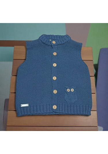 Cep Baykuş Detaylı Sıfır Yaka Triko Yelek İndigo