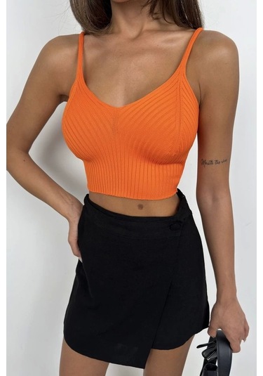 V Yaka Crop Bluz Turuncu