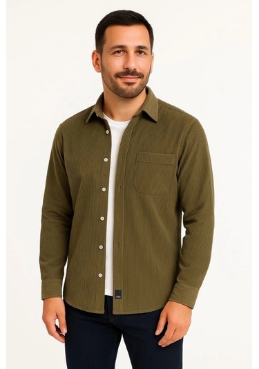 Erkek Fitilli Kadife Cepli Gömlek Oversize Rahat Kalıp - Haki Haki