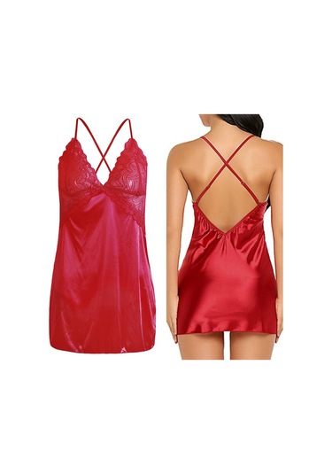 Dolıty Kadın Babydoll İç Giyim Dantel Askılı Pijama T-sırt Kırmızı L Kırmızı