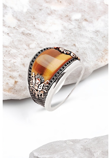 ​​Gümüş Özel Kesim Kaplan Gözü Taşlı Zirkon İşlemeli Erkek Yüzük -5654