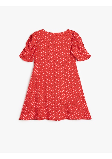 Koton Puantiyeli Elbise Balon Kollu Düğme Kapamalı Viskon Kumaş Kırmızı Desenli 5skg80029aw Kırmızı