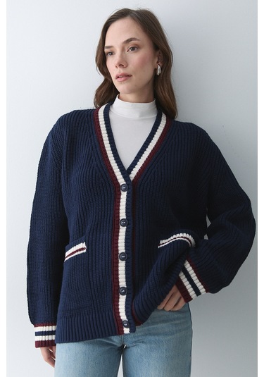 Lacivert - Bordo Renkli Cepli Hırka - 241143 Lacivert