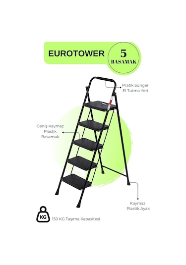 Eurotower 5 Basamak Özel Tasarım Geniş Basamaklı Siyah Merdiven 3+1