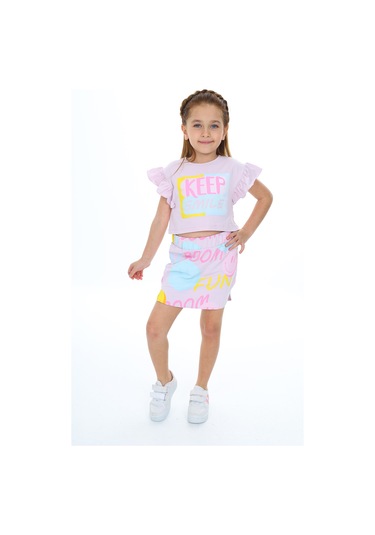 Toontoy Kız Çocuk Baskılı Etekli Takım Açık Lila