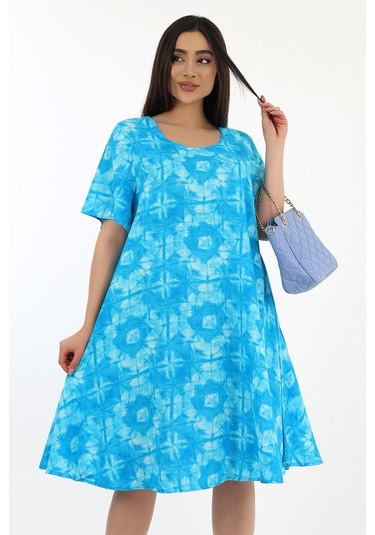 Schık Kadın Viskon Yarım Kol Kare Yaka Elbise Turkuaz Turkuaz