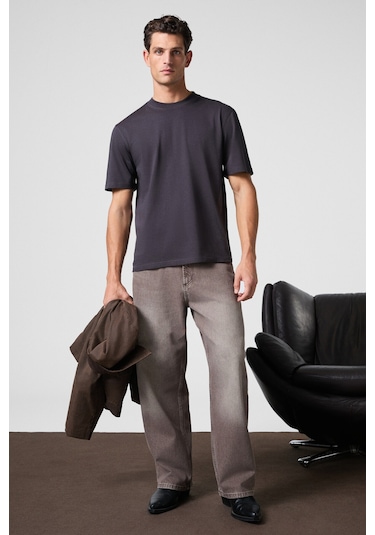 Solo Erkek %100 Organik Pamuklu Kalın Dokulu Comfort Fit Bisiklet Yakalı Füme T-Shirt